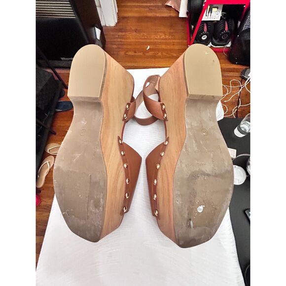 Marc Fisher Cognac Diona Leather Platform Faux Wood Wedge Sandals - Size 9.5 - Picture 2 of 7